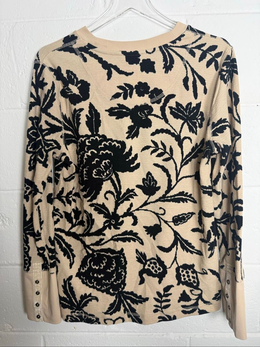 Sundance Floral Thermal Knit Top Velvet Button Cuff Boho Cottagecore Beige XL - Picture 4 of 4